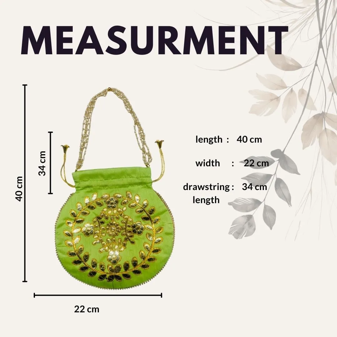 Elegant Embroidered Potli Bag - Traditional Handmade Silk Purse with Golden Beads & Drawstring