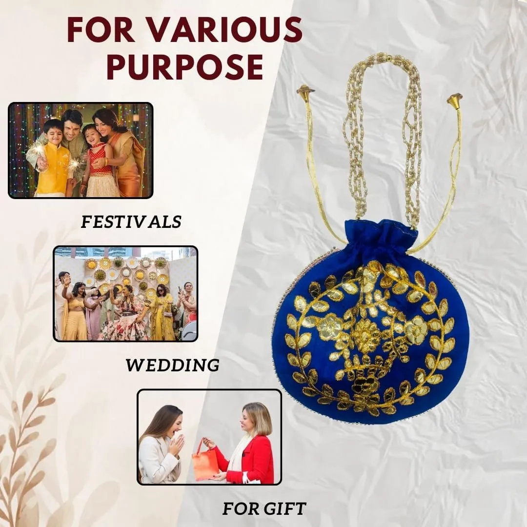 Elegant Embroidered Potli Bag - Traditional Handmade Silk Purse with Golden Beads & Drawstring