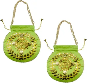 Elegant Embroidered Potli Bag - Traditional Handmade Silk Purse with Golden Beads & Drawstring