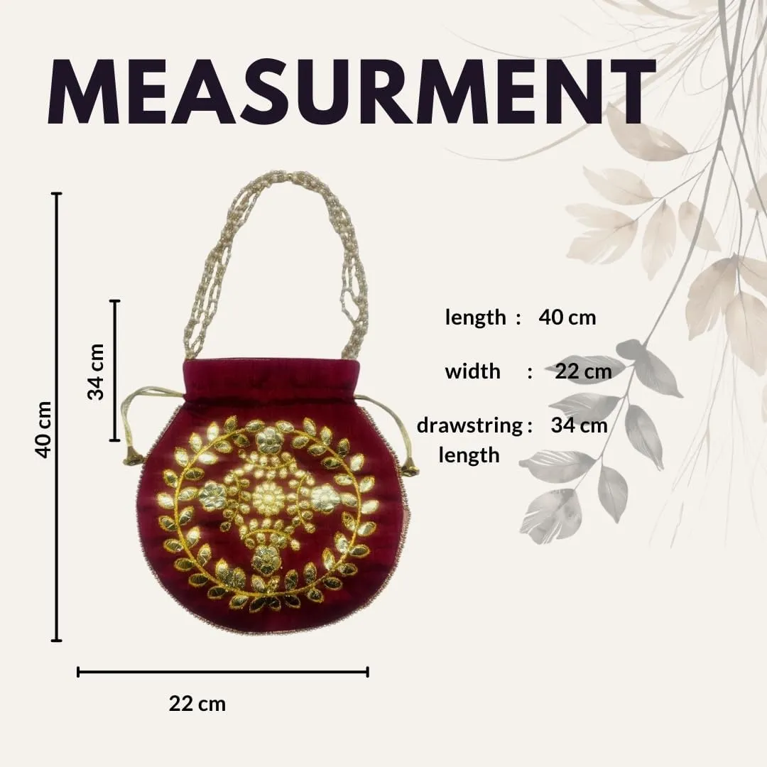 Elegant Embroidered Potli Bag - Traditional Handmade Silk Purse with Golden Beads & Drawstring