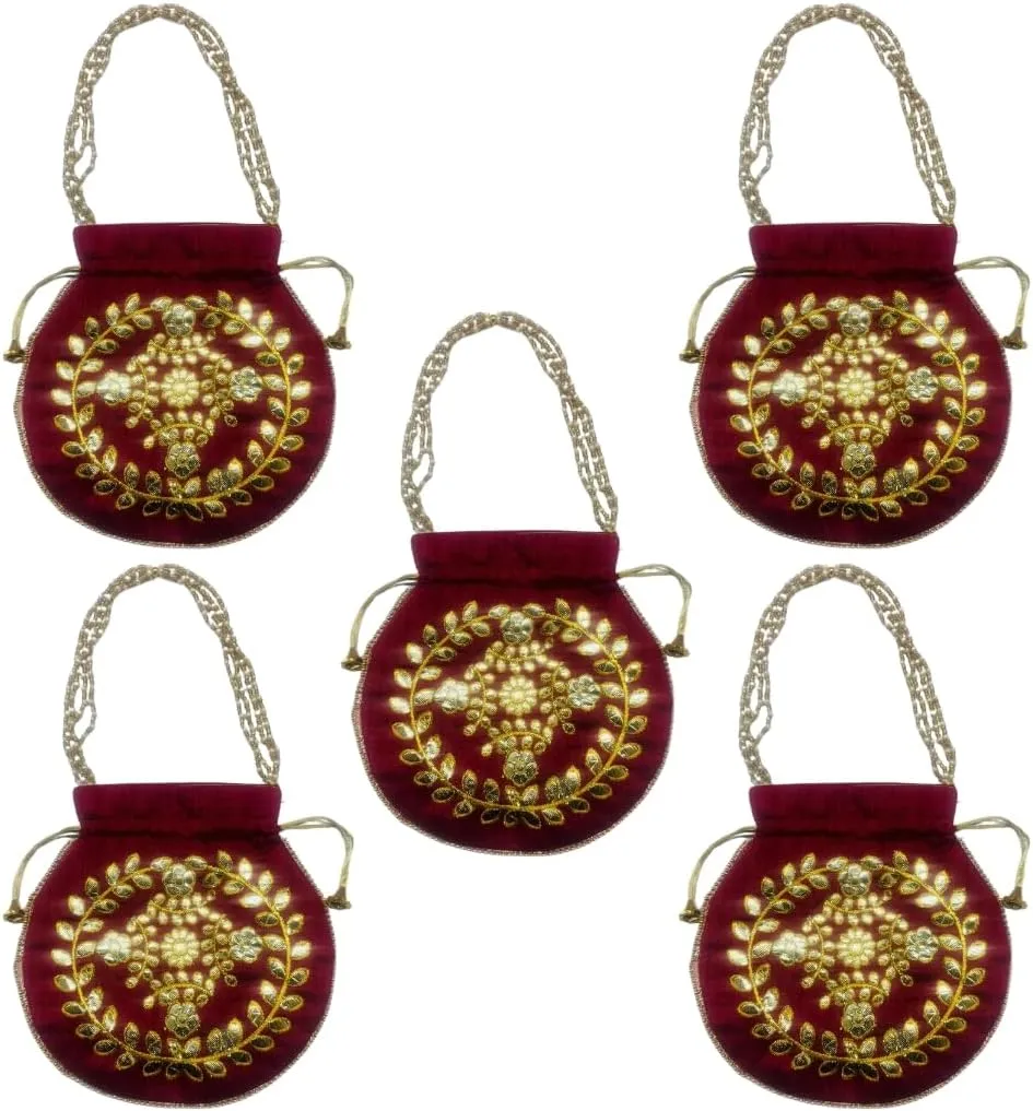 Elegant Embroidered Potli Bag - Traditional Handmade Silk Purse with Golden Beads & Drawstring