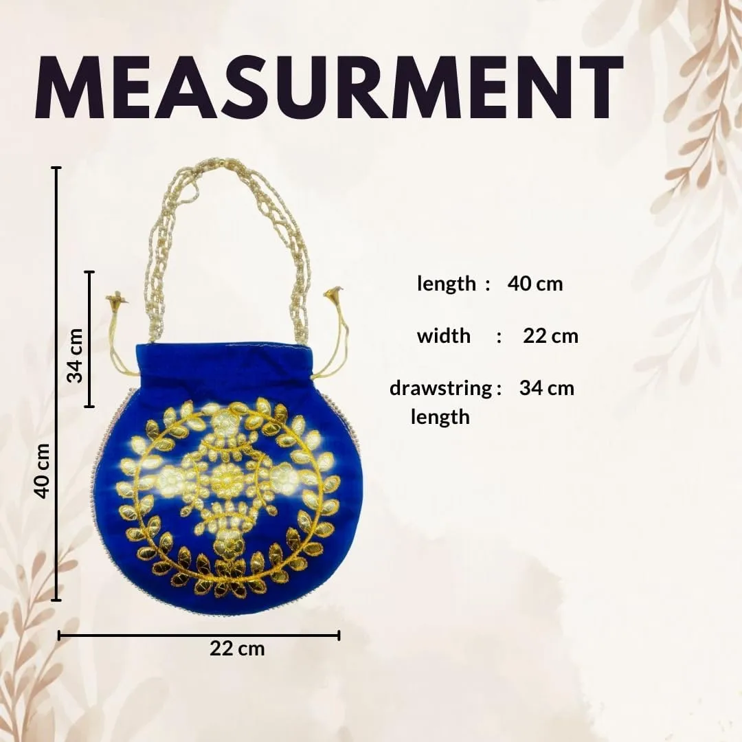 Elegant Embroidered Potli Bag - Traditional Handmade Silk Purse with Golden Beads & Drawstring
