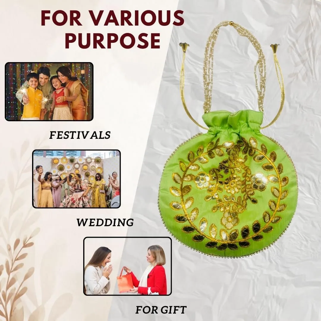 Elegant Embroidered Potli Bag - Traditional Handmade Silk Purse with Golden Beads & Drawstring