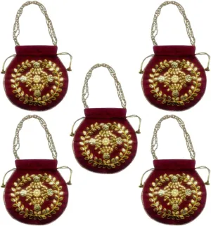 Elegant Embroidered Potli Bag - Traditional Handmade Silk Purse with Golden Beads & Drawstring