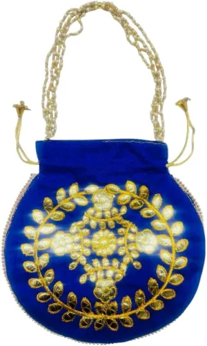 Elegant Embroidered Potli Bag - Traditional Handmade Silk Purse with Golden Beads & Drawstring