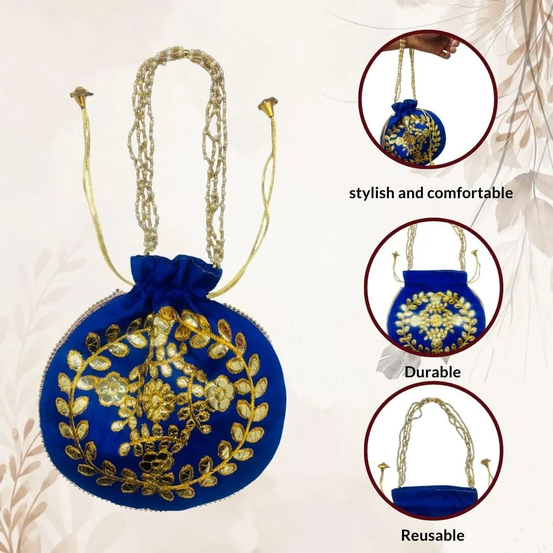Elegant Embroidered Potli Bag - Traditional Handmade Silk Purse with Golden Beads & Drawstring