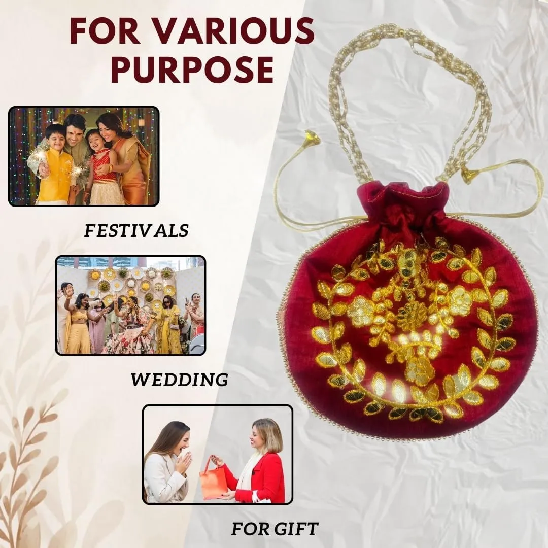 Elegant Embroidered Potli Bag - Traditional Handmade Silk Purse with Golden Beads & Drawstring