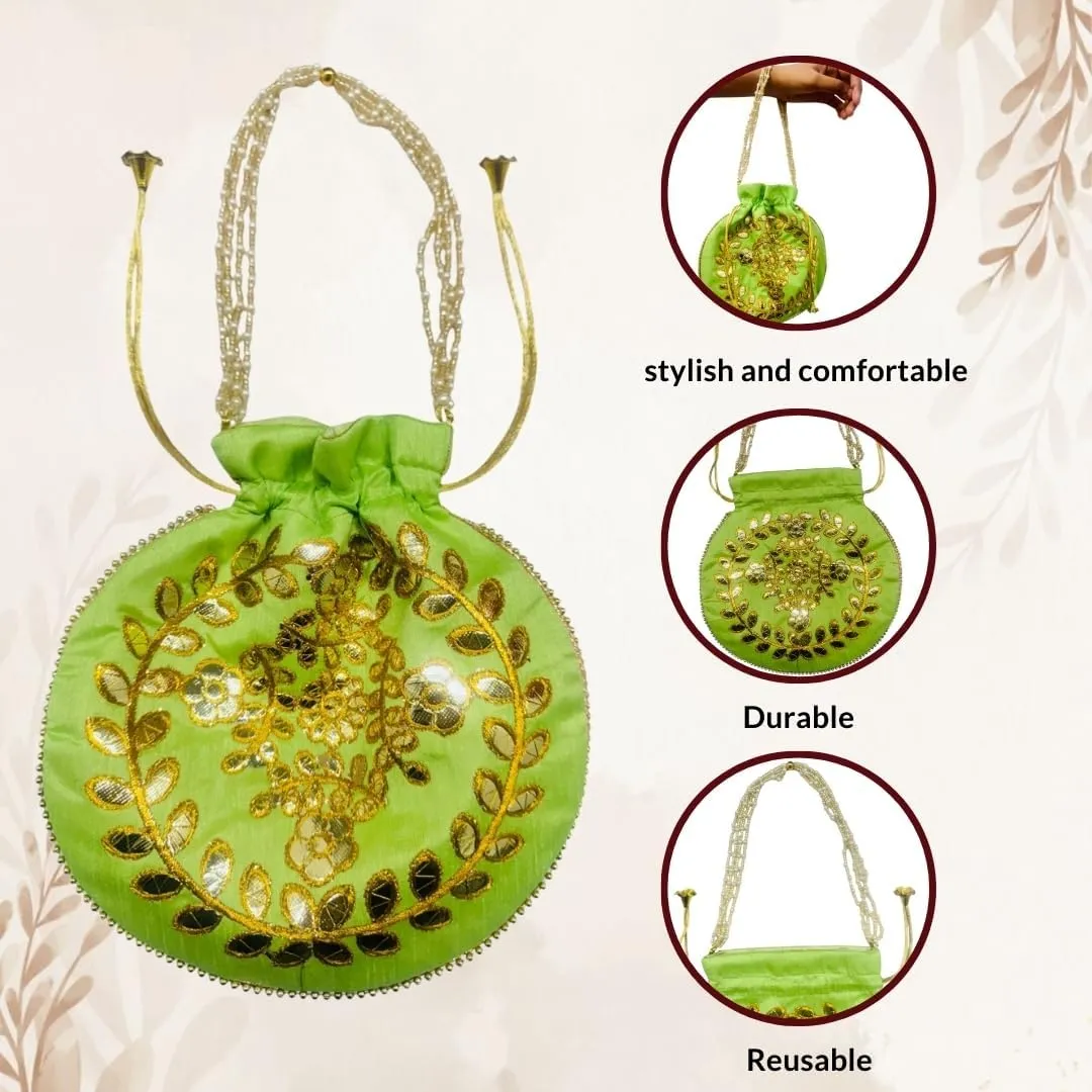 Elegant Embroidered Potli Bag - Traditional Handmade Silk Purse with Golden Beads & Drawstring