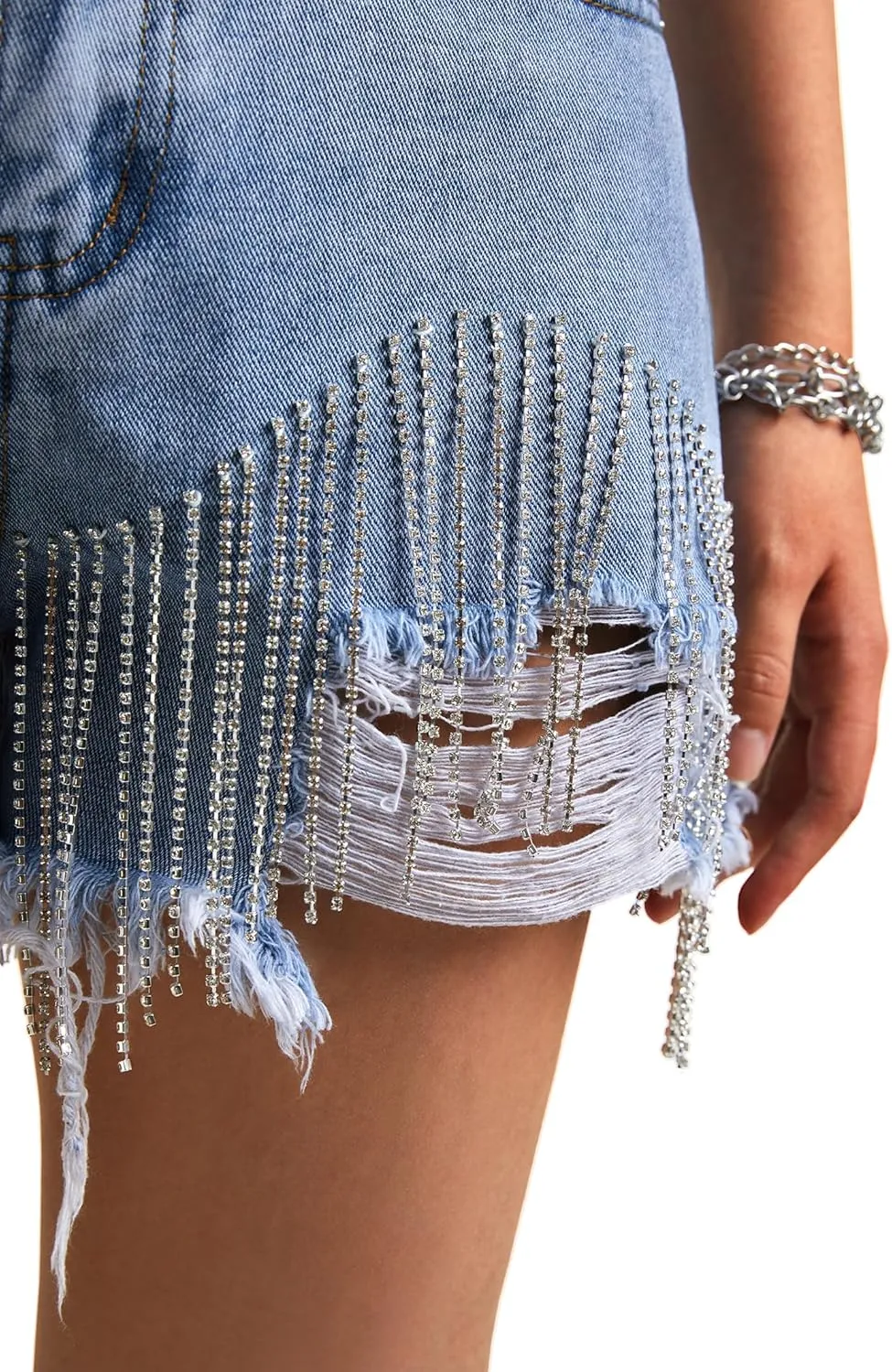 EMMIOL Womens Jean Shorts Rhinestones Fringe Short Jeans Mid-Low Rise Distressed Denim Hot Pants Summer Jorts