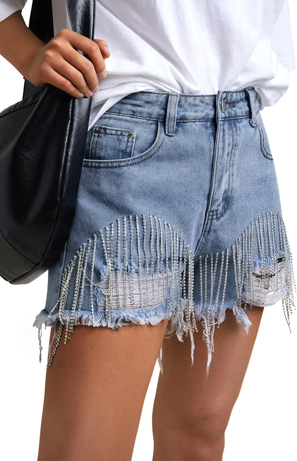EMMIOL Womens Jean Shorts Rhinestones Fringe Short Jeans Mid-Low Rise Distressed Denim Hot Pants Summer Jorts