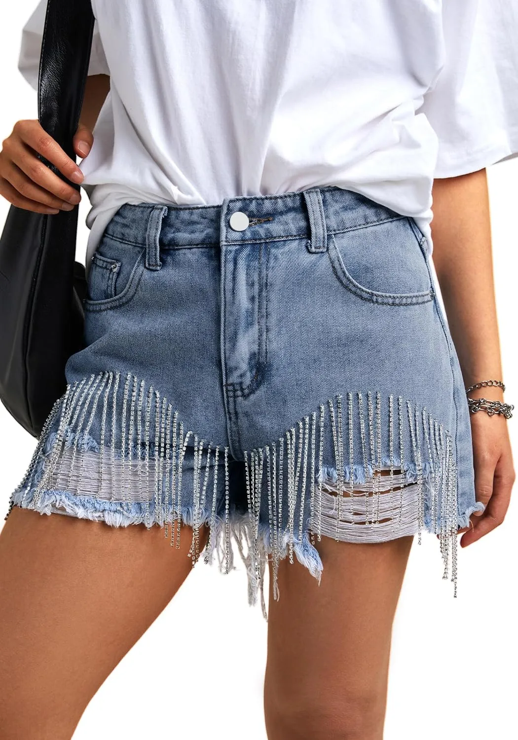 EMMIOL Womens Jean Shorts Rhinestones Fringe Short Jeans Mid-Low Rise Distressed Denim Hot Pants Summer Jorts