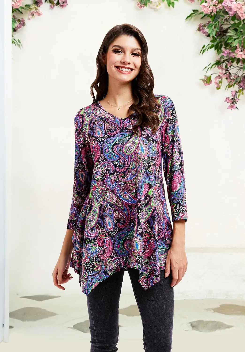 ENMAIN Tunic Tops for Women 3/4 Sleeve Plus Size Women's Tunics Loose Fit Floral Swing Flare Ladies Blouse for Leggings