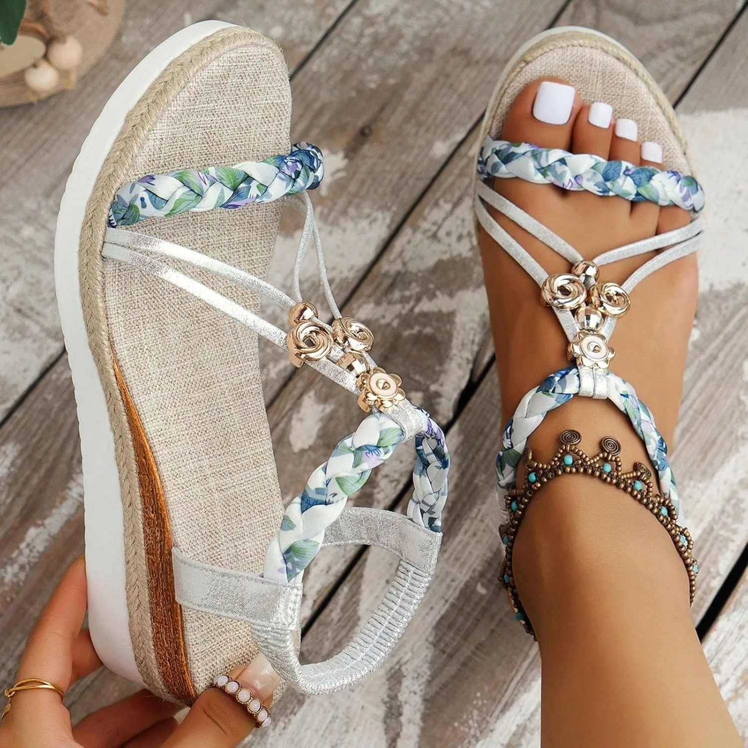 Espadrilles Wedge Sandals for Women 2025 New Summer Dressy Low Platform Sandal Comfort Walking Non Slip Casual Boho Beach Shoes Ankle Elastic Bohemian Woven Wedges