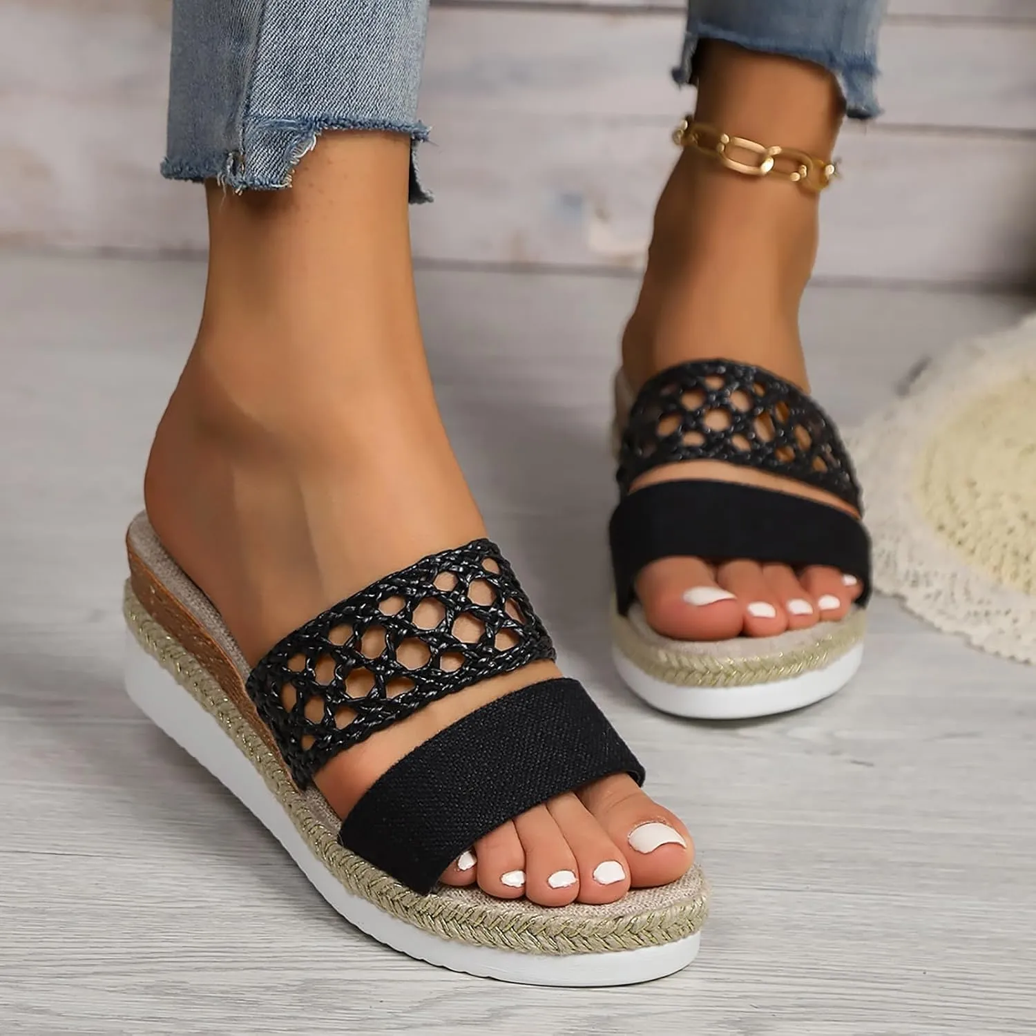 Espadrilles Wedge Sandals for Women 2025 Orthopedic Open Toe Casual Slip On Sandal Trendy Comfortable Wide Width Walking Dress Woven Shoes for Beach Vacation