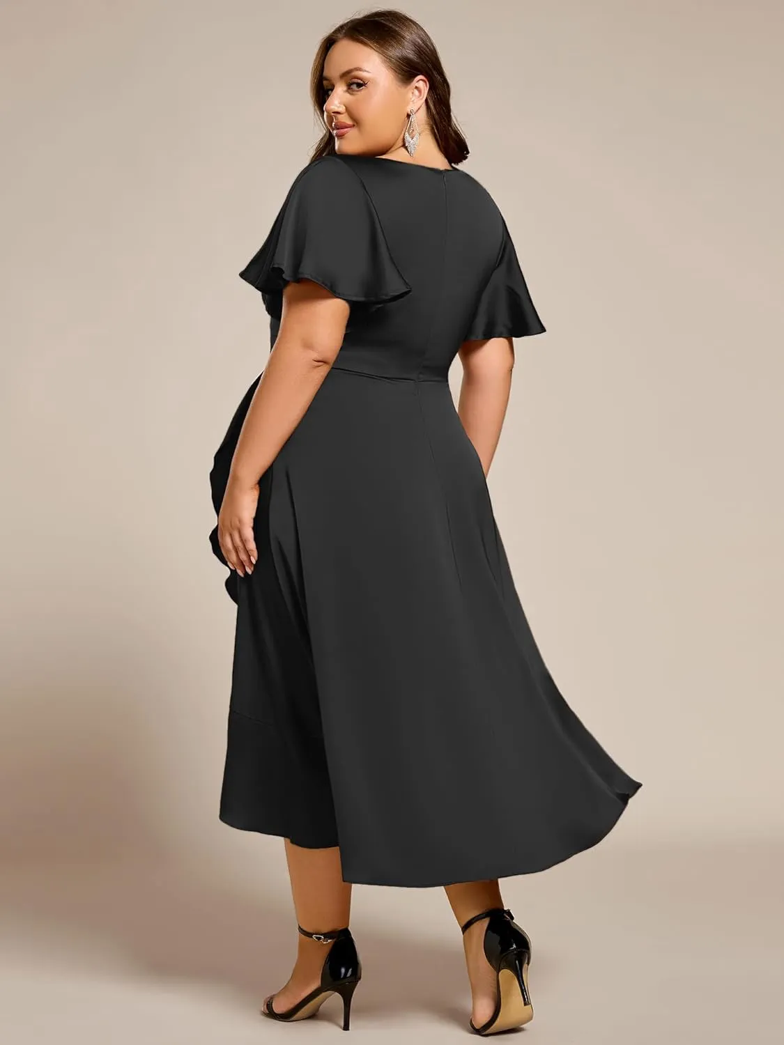 Ever-Pretty Plus Women's V Neck A Line Ruffles Sleeves Satin Midi Plus Size Cocktail Wedding Guest Dresses 02318-DA