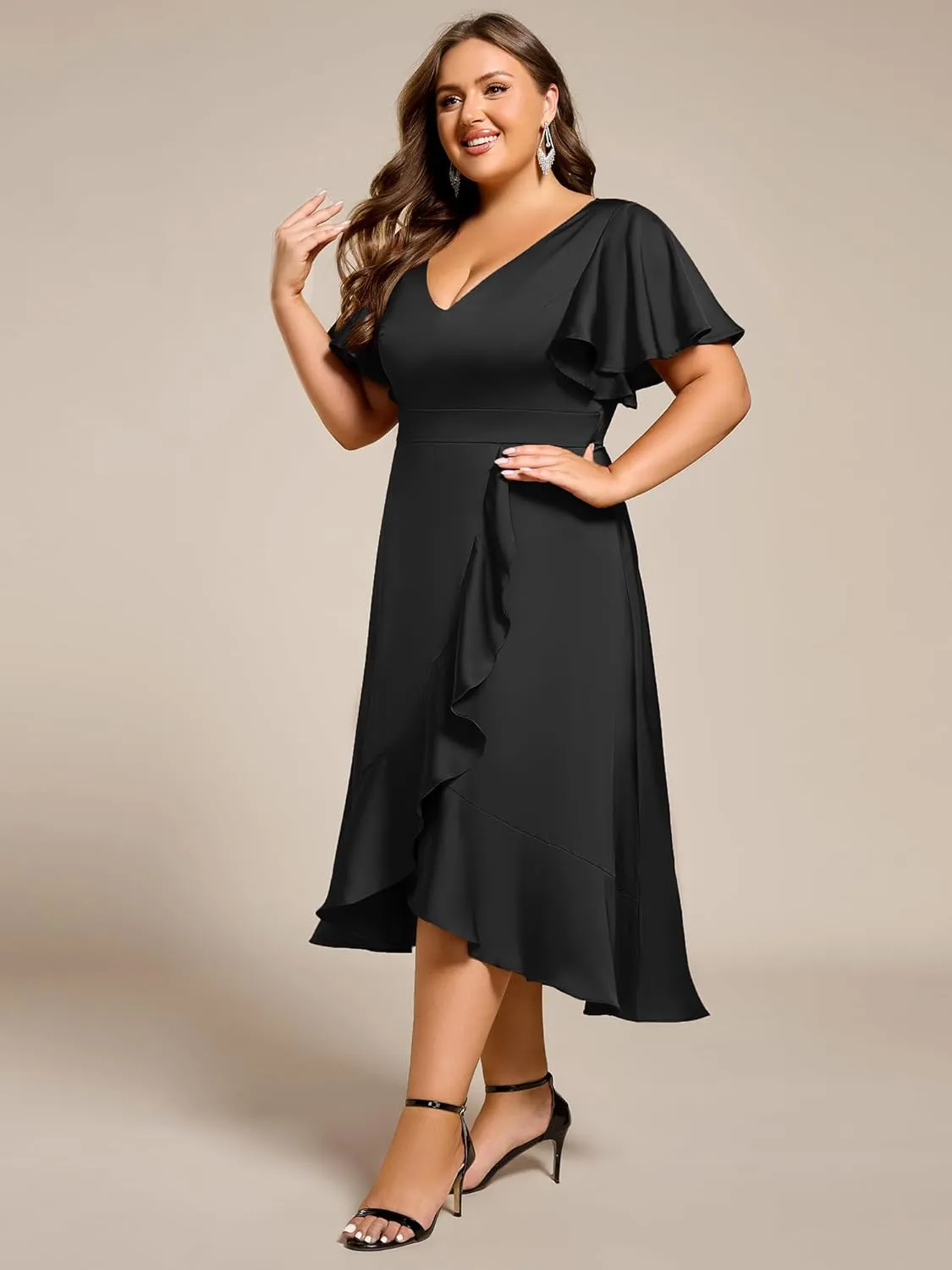 Ever-Pretty Plus Women's V Neck A Line Ruffles Sleeves Satin Midi Plus Size Cocktail Wedding Guest Dresses 02318-DA