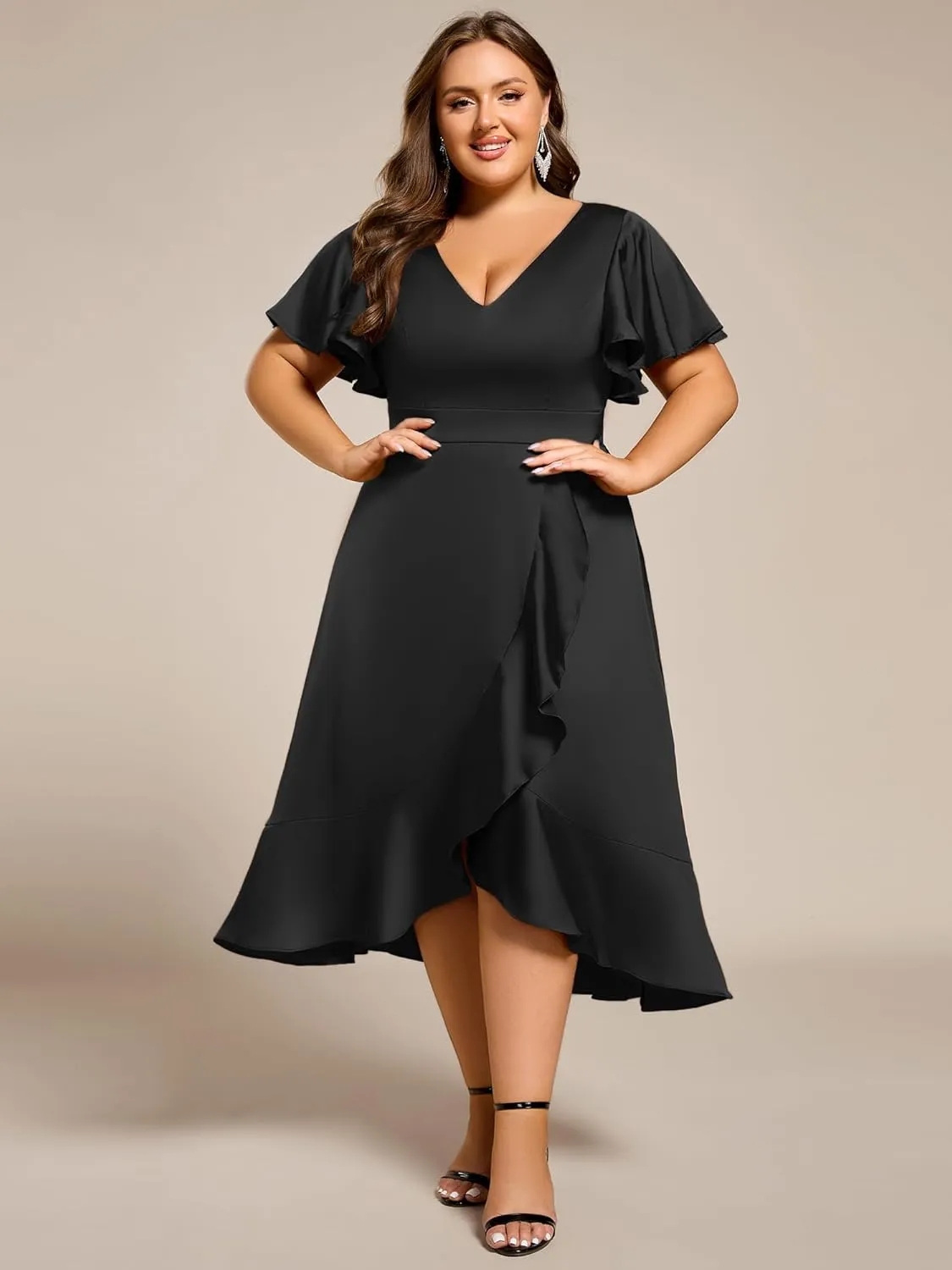 Ever-Pretty Plus Women's V Neck A Line Ruffles Sleeves Satin Midi Plus Size Cocktail Wedding Guest Dresses 02318-DA