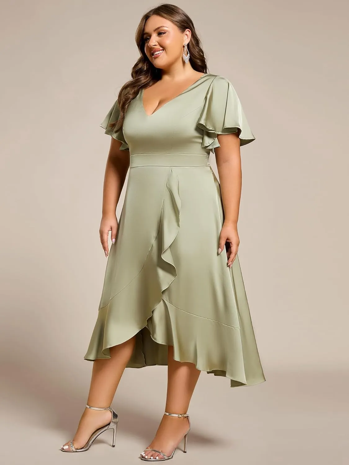 Ever-Pretty Plus Women's V Neck A Line Ruffles Sleeves Satin Midi Plus Size Cocktail Wedding Guest Dresses 02318-DA