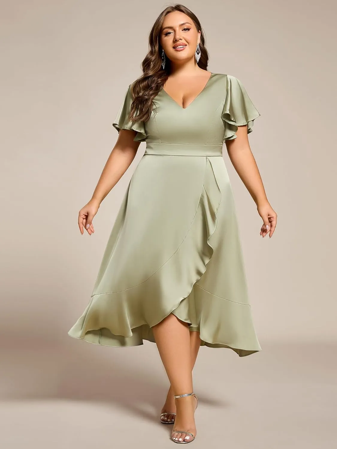 Ever-Pretty Plus Women's V Neck A Line Ruffles Sleeves Satin Midi Plus Size Cocktail Wedding Guest Dresses 02318-DA
