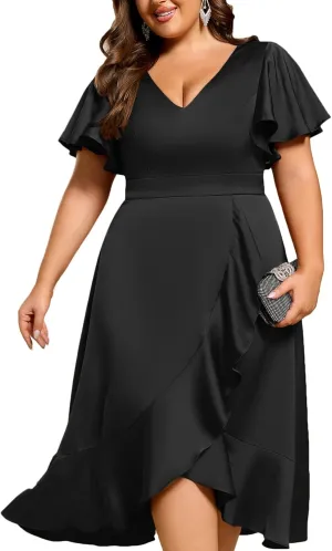 Ever-Pretty Plus Women's V Neck A Line Ruffles Sleeves Satin Midi Plus Size Cocktail Wedding Guest Dresses 02318-DA