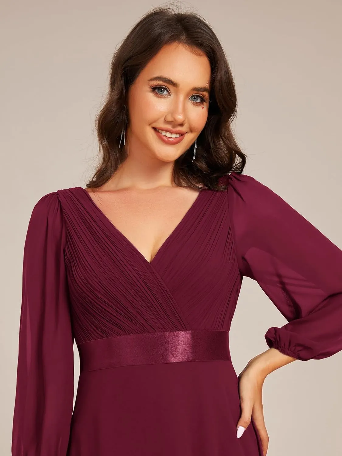 Ever-Pretty Women's Chiffon A-Line Floor Length V Neck Long Sleeves Pleated Maxi Formal Dress 03890