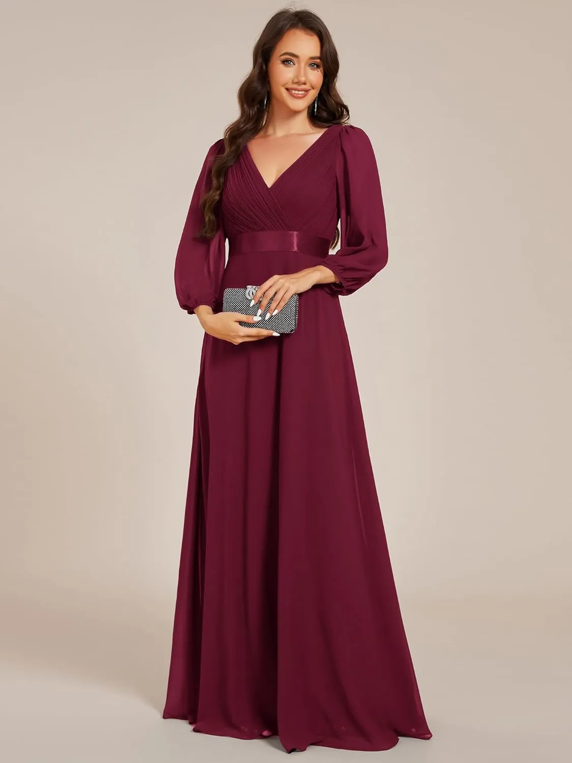 Ever-Pretty Women's Chiffon A-Line Floor Length V Neck Long Sleeves Pleated Maxi Formal Dress 03890