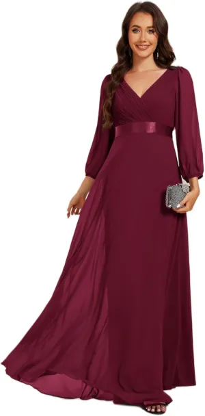 Ever-Pretty Women's Chiffon A-Line Floor Length V Neck Long Sleeves Pleated Maxi Formal Dress 03890