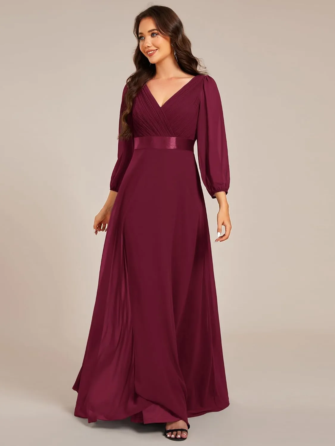 Ever-Pretty Women's Chiffon A-Line Floor Length V Neck Long Sleeves Pleated Maxi Formal Dress 03890