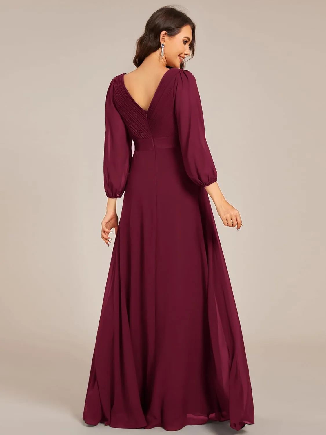 Ever-Pretty Women's Chiffon A-Line Floor Length V Neck Long Sleeves Pleated Maxi Formal Dress 03890