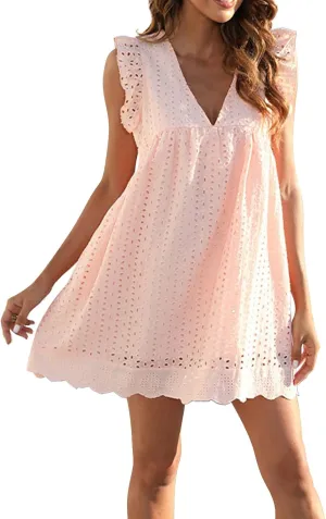 Eyelet Dress for Women 2025 Y2K Dress Sleeveless Ruffle V Neck Hollow Loose Mini Dress Boho Beach Vacation Sundress