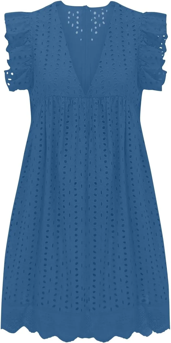 Eyelet Dress for Women 2025 Y2K Dress Sleeveless Ruffle V Neck Hollow Loose Mini Dress Boho Beach Vacation Sundress