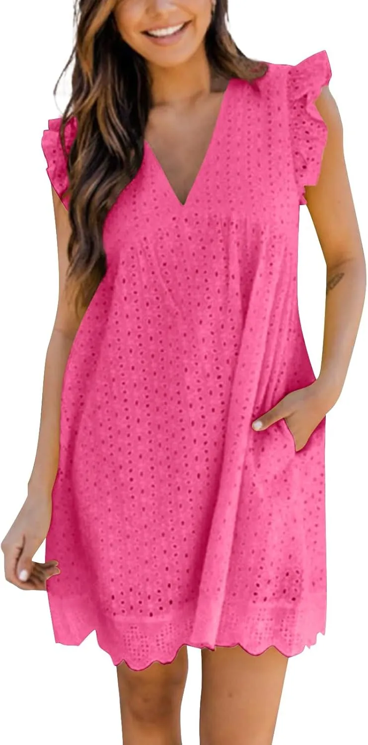 Eyelet Dress for Women 2025 Y2K Dress Sleeveless Ruffle V Neck Hollow Loose Mini Dress Boho Beach Vacation Sundress