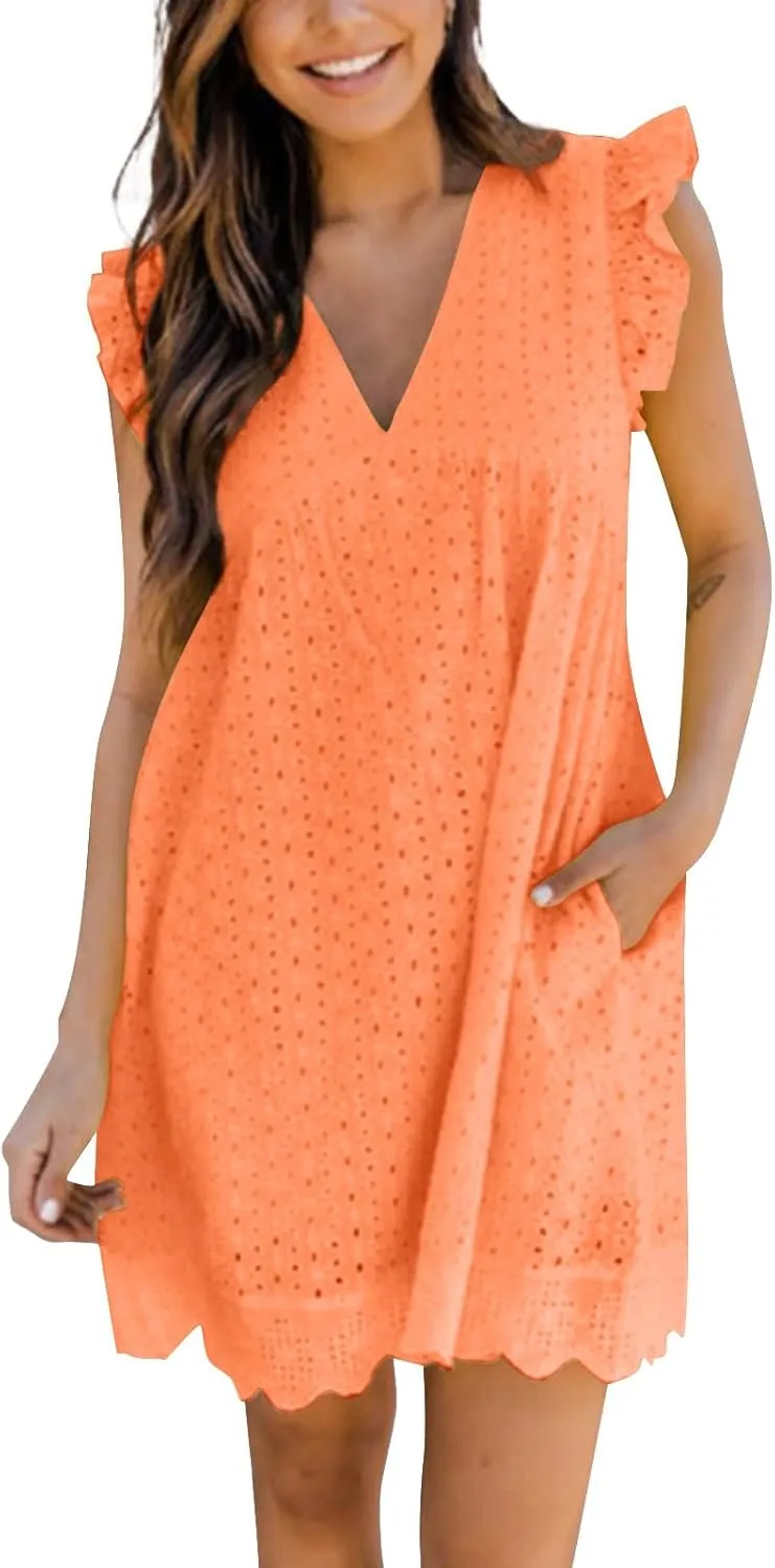 Eyelet Dress for Women 2025 Y2K Dress Sleeveless Ruffle V Neck Hollow Loose Mini Dress Boho Beach Vacation Sundress