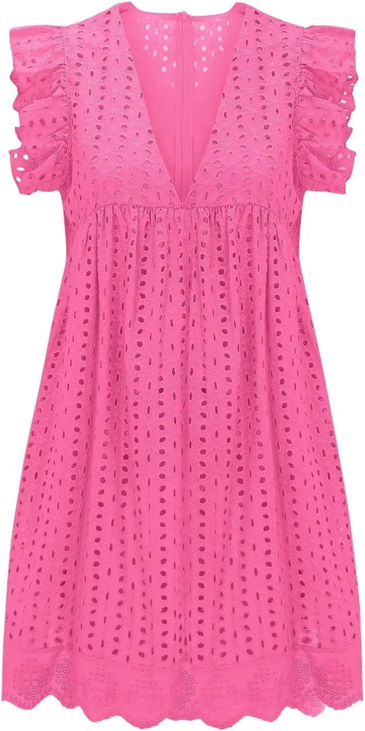 Eyelet Dress for Women 2025 Y2K Dress Sleeveless Ruffle V Neck Hollow Loose Mini Dress Boho Beach Vacation Sundress