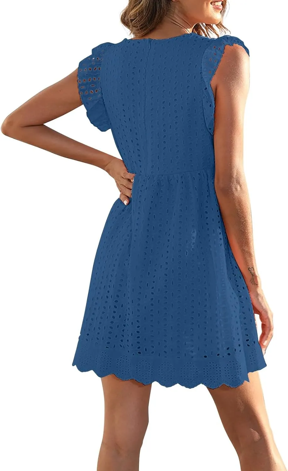 Eyelet Dress for Women 2025 Y2K Dress Sleeveless Ruffle V Neck Hollow Loose Mini Dress Boho Beach Vacation Sundress