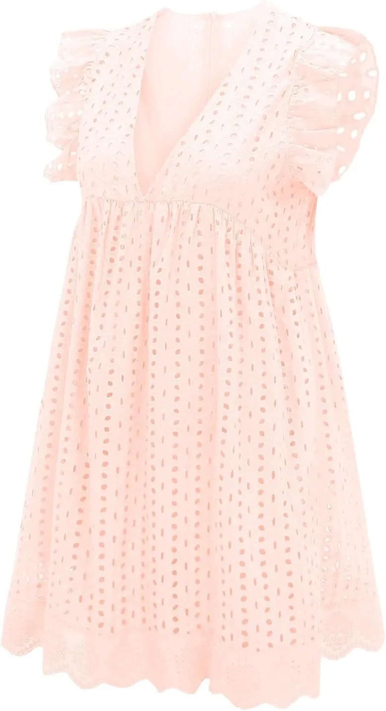 Eyelet Dress for Women 2025 Y2K Dress Sleeveless Ruffle V Neck Hollow Loose Mini Dress Boho Beach Vacation Sundress