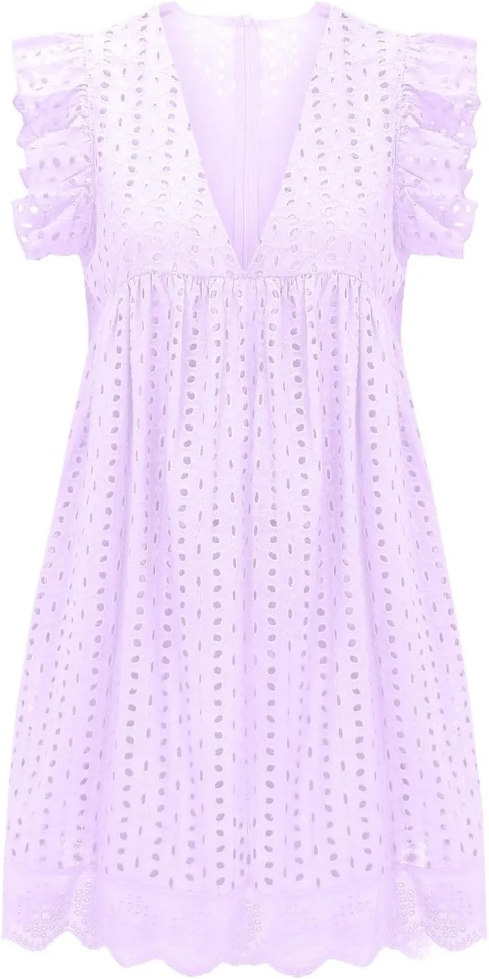 Eyelet Dress for Women 2025 Y2K Dress Sleeveless Ruffle V Neck Hollow Loose Mini Dress Boho Beach Vacation Sundress