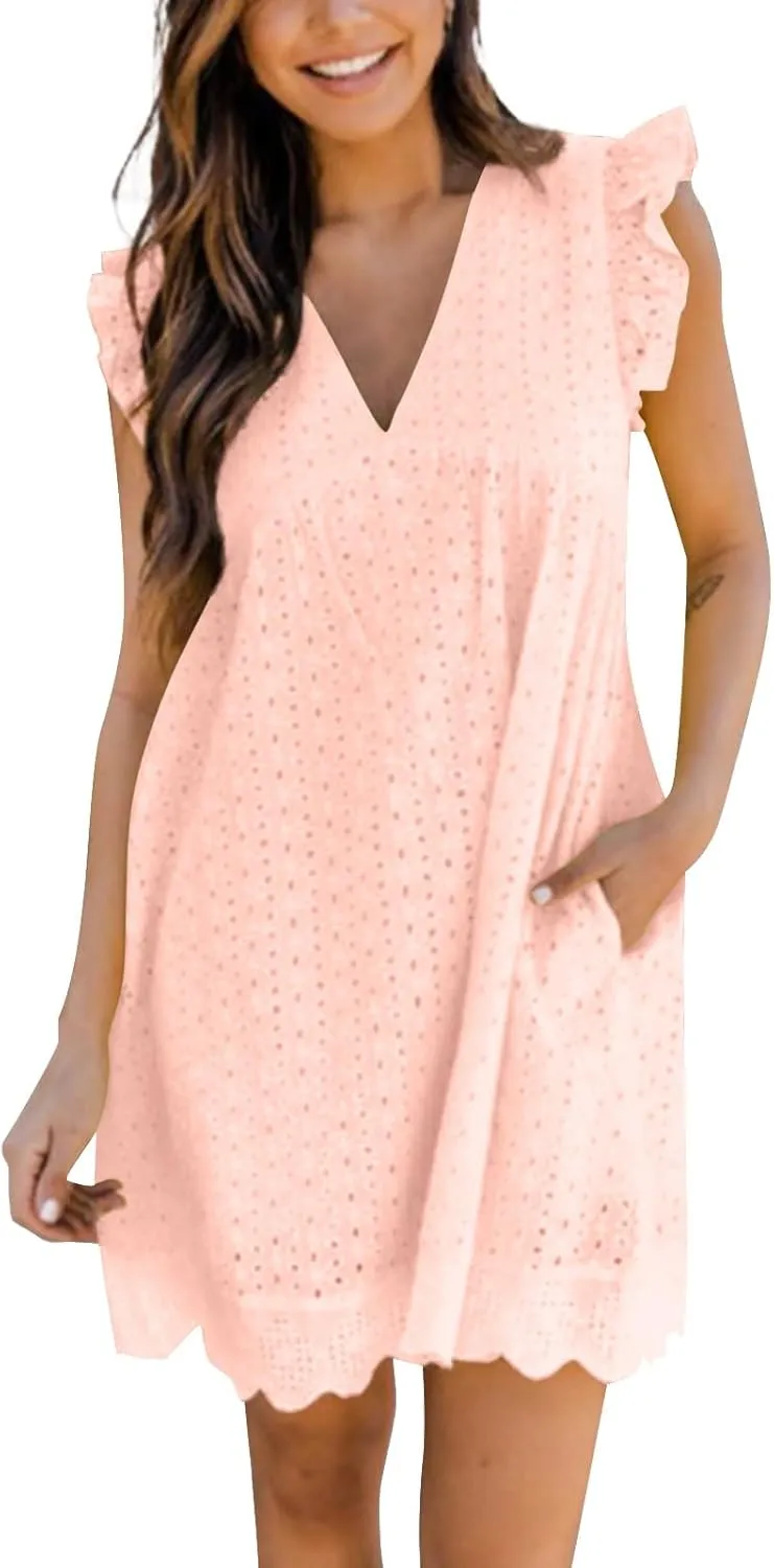 Eyelet Dress for Women 2025 Y2K Dress Sleeveless Ruffle V Neck Hollow Loose Mini Dress Boho Beach Vacation Sundress
