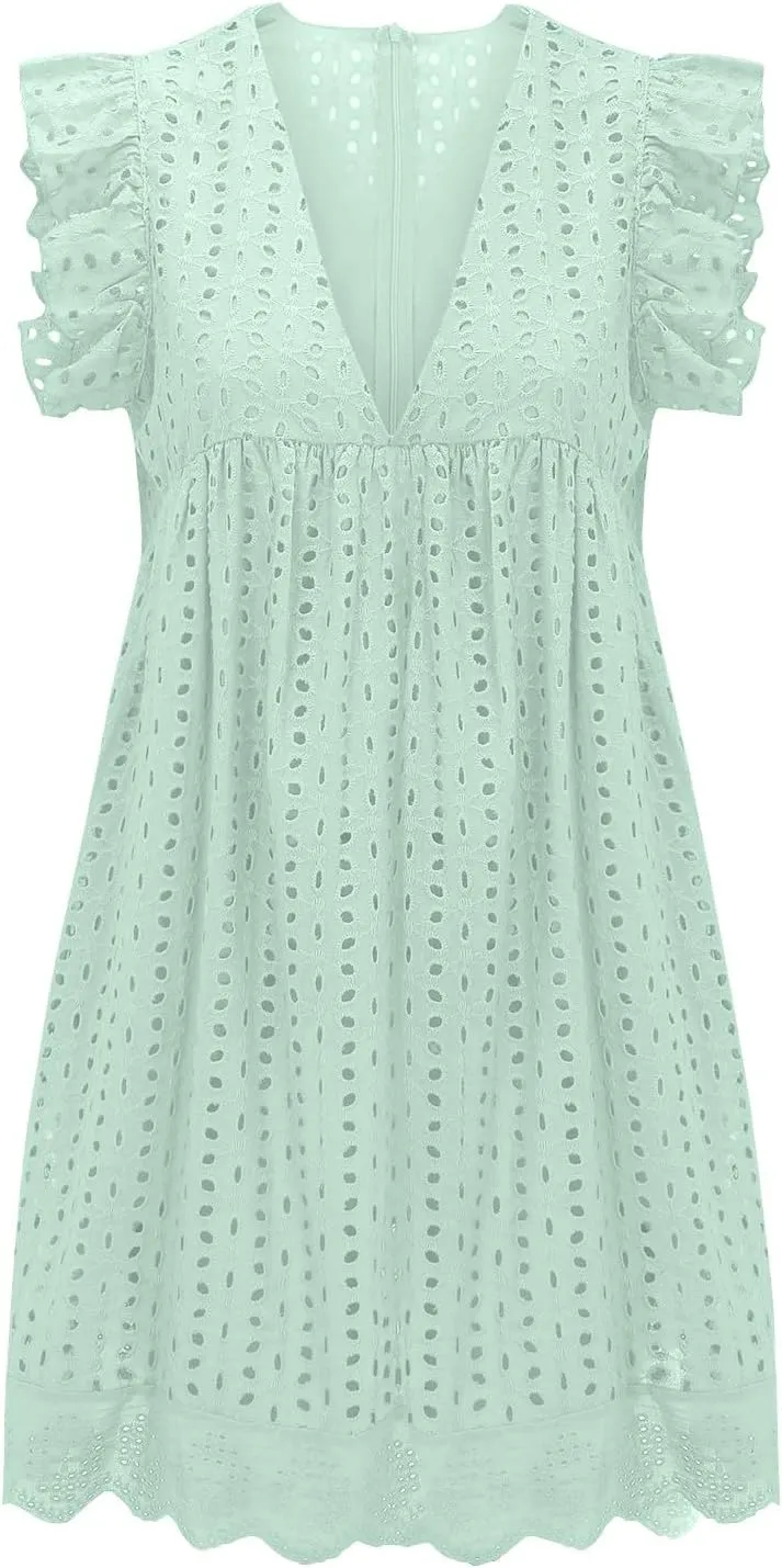 Eyelet Dress for Women 2025 Y2K Dress Sleeveless Ruffle V Neck Hollow Loose Mini Dress Boho Beach Vacation Sundress
