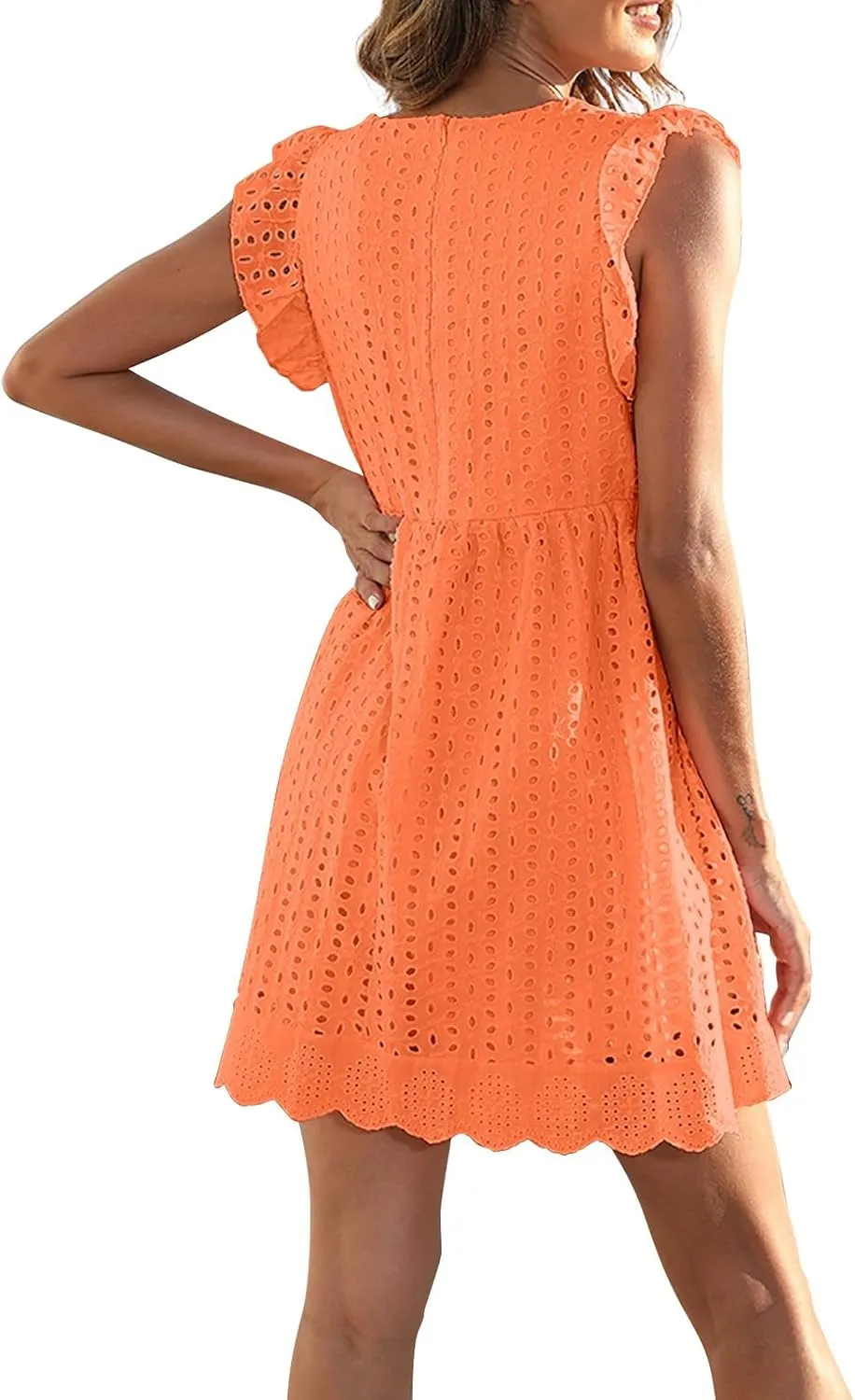 Eyelet Dress for Women 2025 Y2K Dress Sleeveless Ruffle V Neck Hollow Loose Mini Dress Boho Beach Vacation Sundress