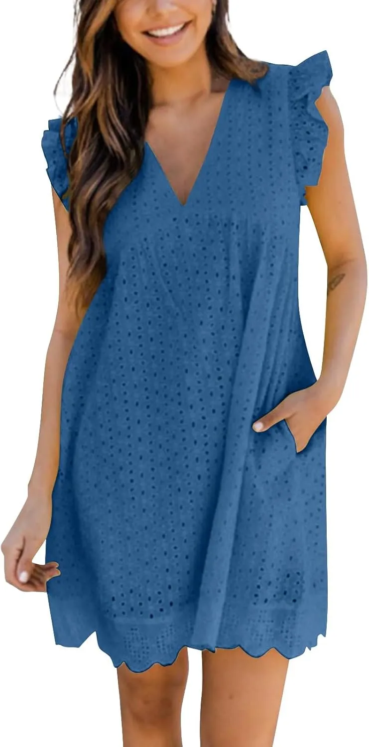 Eyelet Dress for Women 2025 Y2K Dress Sleeveless Ruffle V Neck Hollow Loose Mini Dress Boho Beach Vacation Sundress