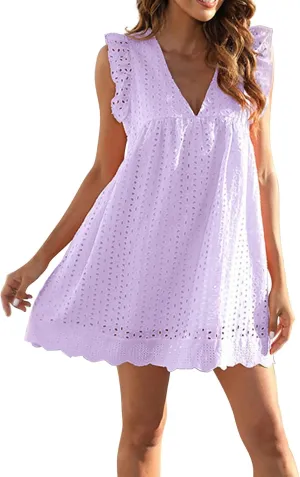 Eyelet Dress for Women 2025 Y2K Dress Sleeveless Ruffle V Neck Hollow Loose Mini Dress Boho Beach Vacation Sundress