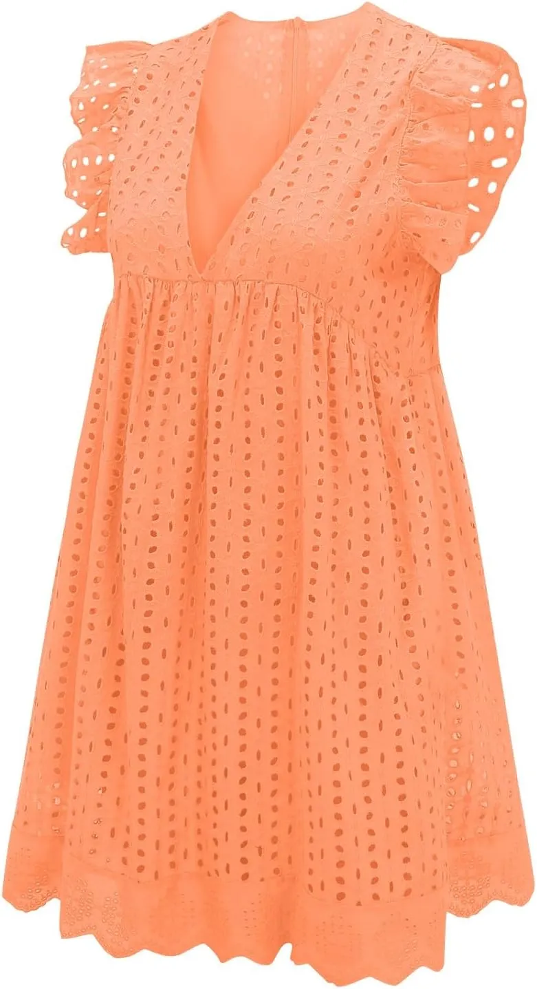 Eyelet Dress for Women 2025 Y2K Dress Sleeveless Ruffle V Neck Hollow Loose Mini Dress Boho Beach Vacation Sundress