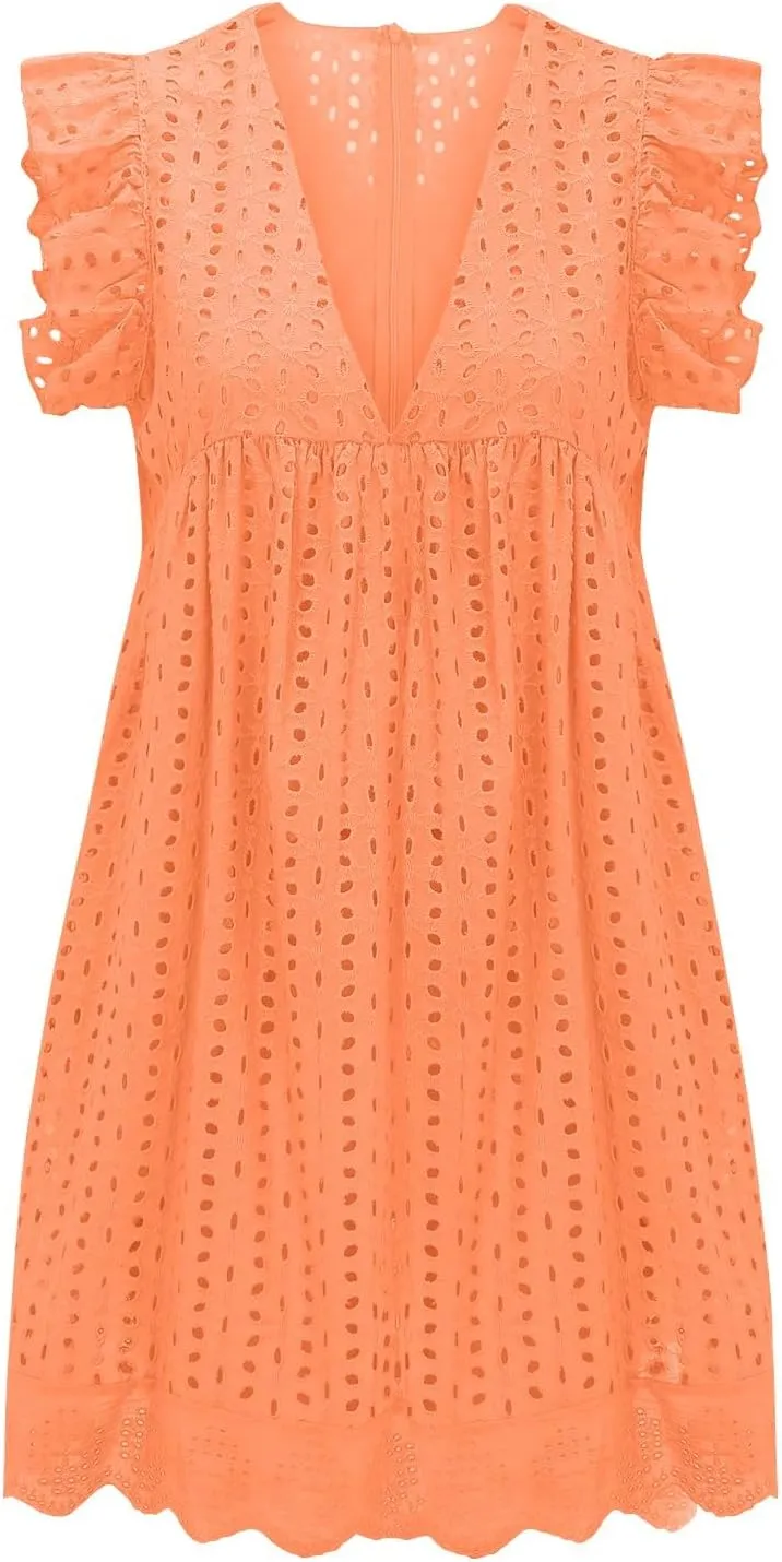 Eyelet Dress for Women 2025 Y2K Dress Sleeveless Ruffle V Neck Hollow Loose Mini Dress Boho Beach Vacation Sundress