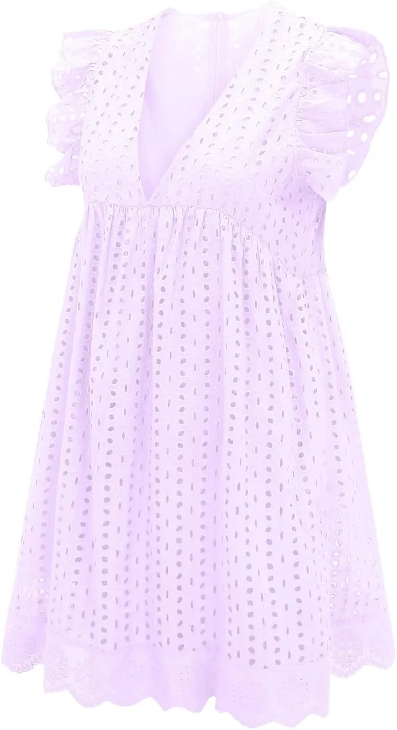 Eyelet Dress for Women 2025 Y2K Dress Sleeveless Ruffle V Neck Hollow Loose Mini Dress Boho Beach Vacation Sundress