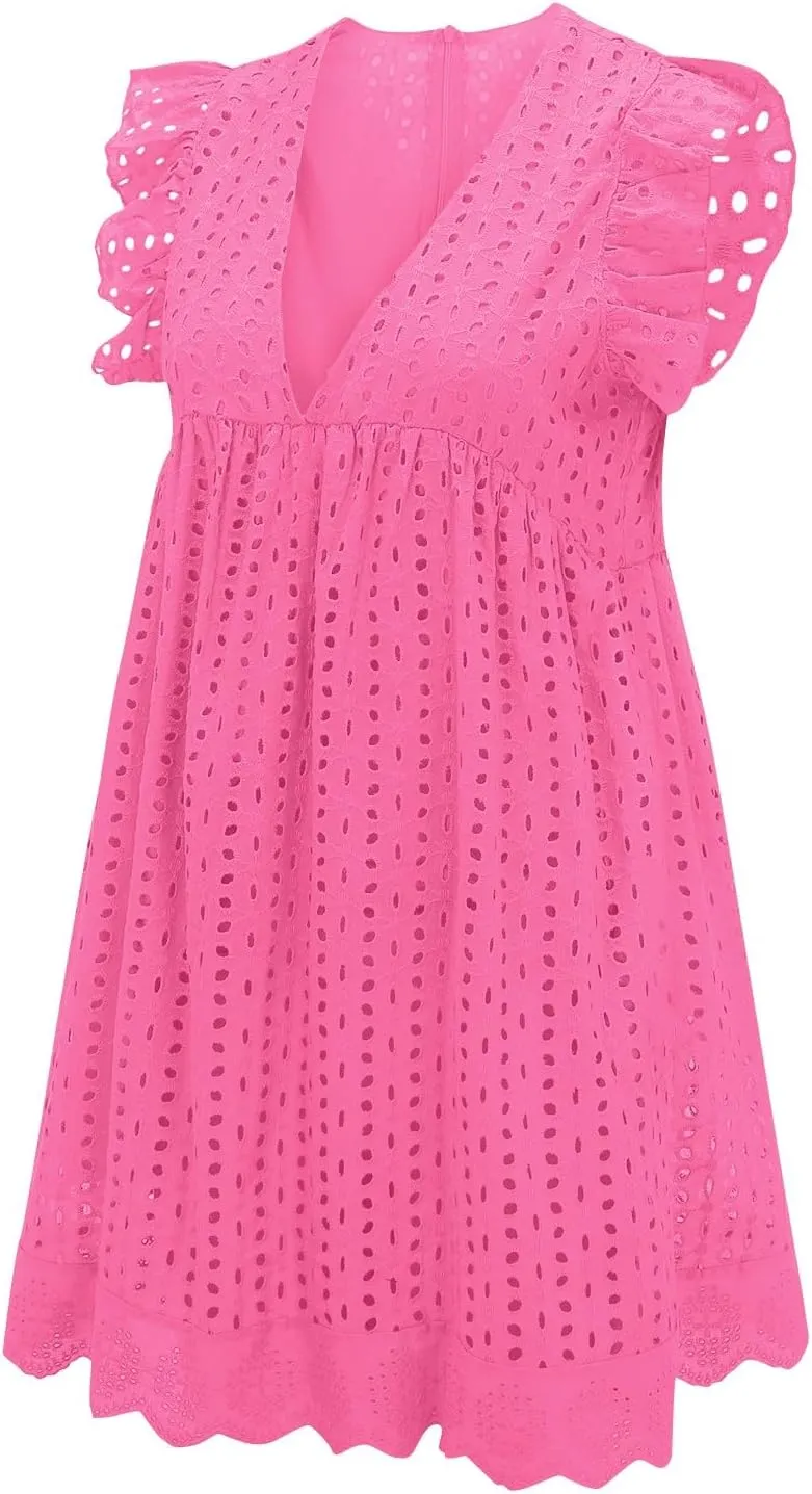 Eyelet Dress for Women 2025 Y2K Dress Sleeveless Ruffle V Neck Hollow Loose Mini Dress Boho Beach Vacation Sundress