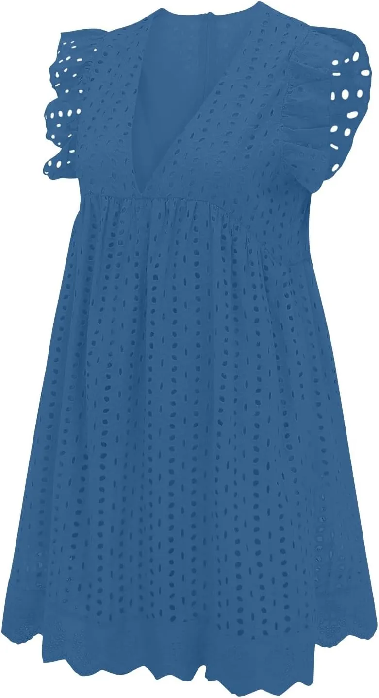 Eyelet Dress for Women 2025 Y2K Dress Sleeveless Ruffle V Neck Hollow Loose Mini Dress Boho Beach Vacation Sundress