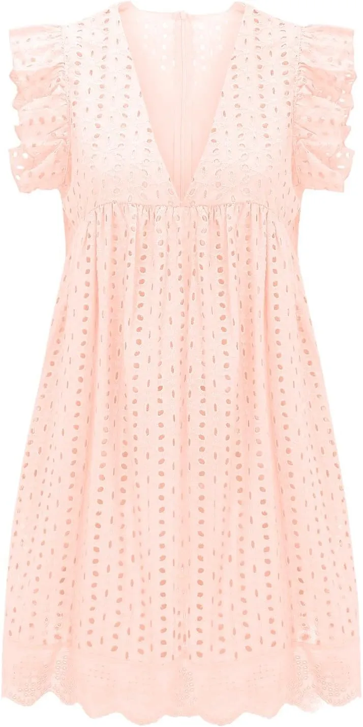 Eyelet Dress for Women 2025 Y2K Dress Sleeveless Ruffle V Neck Hollow Loose Mini Dress Boho Beach Vacation Sundress