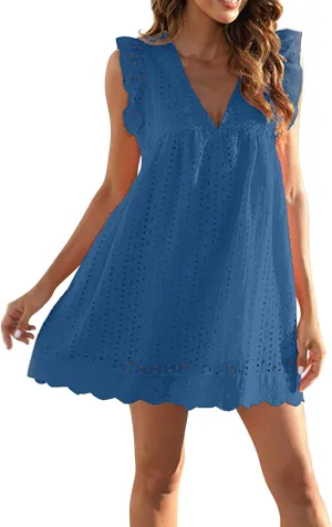 Eyelet Dress for Women 2025 Y2K Dress Sleeveless Ruffle V Neck Hollow Loose Mini Dress Boho Beach Vacation Sundress