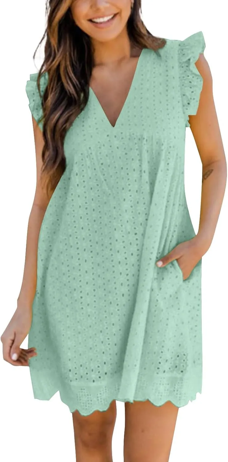 Eyelet Dress for Women 2025 Y2K Dress Sleeveless Ruffle V Neck Hollow Loose Mini Dress Boho Beach Vacation Sundress